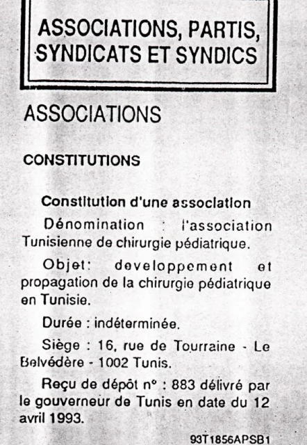 Constitution de l’ATCP, Journal officiel de la République tunisienne n° 91, 24 septembre 1993, page 1640